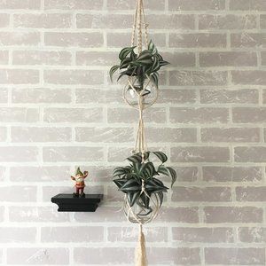 Double light beige cotton macrame plant hanger.